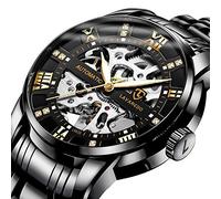 A ALPS Montre squelette de luxe mécanique en acier inoxydable étanche noir à remontage automatique chiffres romains cadran diamant, 01-AllBlack-YJ, 1 Count (Pack of 1), Mécanique, remontage