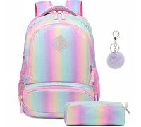 A AM SeaBlue Sac à Dos Filles Multicolore Cartables École Primaire Sacs Scolaires + Trousses, Paillettes Sacs à Dos Enfant Rainbow Backpack Glitter