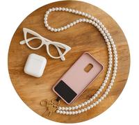 A ANCILE chaîne téléphone 120 cm Perles Blanches - Cordon bandoulière élégant avec Crochets dorés pour Smartphone et Sac - Languette Universelle Incluse