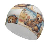 A Bear on The Beach Bonnet de bain pour adulte, tissu élastique, bonnet de bain confortable pour cheveux longs et courts