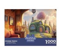 A Black Cat Sits on The Red Sofa 1000 Pcs Découpe Précise Puzzle Pastel Cats & Hobbit Style House Vibrant Jigsaw Jouet Éducatif Déco pour Enfants 38x26cm/1000pcs