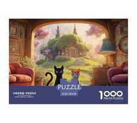 A Black Cat Sits on The Red Sofa 1000 Piece Découpe Précise Puzzle Pastel Cats & Hobbit Style House Vibrant Jigsaw Déco Maison pour Enfants 70x50cm/1000pcs