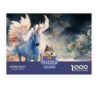 A Blue Mythical Horned Beast with Wings 1000 Pcs Carton Extra-épais Coffret De Puzzles Horse with Wings Stimulant Et Éducatif Défi Unique Puzzles As Birthday Gifts 52x38cm/1000pcs