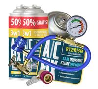 A/C FIX Remplacement du gaz Refrigerant 3en1 R134a 2x235 g pour Climatisation avec Tuyau, Manom?tre et Adaptateur HP/LP pour Climatisation -Recharge climatisation Voiture - ECO