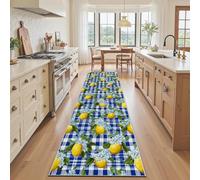 À Carreaux de Buffle Bleu Tapis Cuisine Devant Evier 50x150 cm, Tapis de Cuisine Long Vichy Citron Fleur Maison de Campagne Antidérapant et Lavable, Paillasson Interieur Entree, pour Couloir Passage