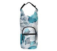 A Close Up Of Grey and Teal Floral Leaves on White Fabric Sling Porte-bouteille d'eau isotherme à fermeture éclair Sac à dos pour bouteille d'eau de randonnée Convient aux bouteilles de 590 ml, 680