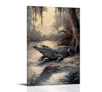 A Crocodile Resting Motionless by A Marsh Edge, Its Scaly Body Blending In A Muted Sage Swamp Décoration murale à suspendre 40 x 60 cm