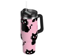 A Cute Cartoon Black Pixel Cat Bouteilles d'eau de printemps réutilisables avec couvercle et paille - Tasse à café isotherme décorative pour eau, thé glacé ou café - Vaso para Cafe Termico - 1200 ml