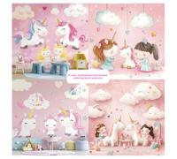A cute, hand-drawn illustration coloring book unicorns: and two little girls playing in a room with a pink background featuring white clouds and ... suitable for children's wallpaper pattern.
