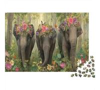 A Group of Elephants with Heads Decorated with Flowers and Butterflies || Puzzles Amusants en Famille 1000pcs (75x50cm) Adultes