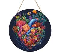 A Heart Diagram Formed by Coral and Seaweed Panneau rond en bois Peinture 30,5 cm Plaque à suspendre rustique Décoration murale avec corde