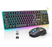 A.jAZZ Ensemble clavier et souris de jeu sans fil, pleine grandeur, 12 RVB rétroéclairé, rechargeable, 4200 mAh, sensation mécanique USB/Type-C double récepteur silencieux, pour PC, Mac, ordinateur portable, PS4, PS5, Xbox, noir