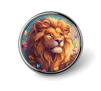 A Lion with Flowers and Butterflies Funny Round Lapel Pins Metal Button Brooch Badge Tie Hats Clothes Decoration for Men Women
