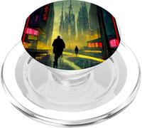 A Man Walks Cyberpunk City Japanese Text Futuristic Costume PopSockets PopGrip pour MagSafe