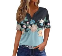 a Mazon Mon Compte Tee Shirt Femme Coton Classique Sexy Élégant Grande Taille Col V Tops Henley Chemisier Chic Boheme Boutonné Manches Courtes Blouse Basique Tee Tee Shirt Sport Femme(Bleu Clair,L)