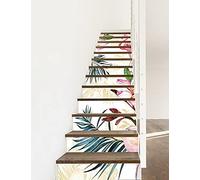 A.Monamour Adhésif Sticker Contremarche Escalier 3D Aquarelle Feuilles Tropicales Fleurs Flamant Rose Vinyle Autocollants Stickers Carrelage Carreaux Escalier Lot de 13 Bandes (1m x 18 cm)