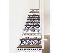 A.Monamour Adhésif Sticker Contremarche Escalier 3D Motif Floral En Porcelaine Bleu Et Blanc Paisley Vinyle Autocollants Stickers Carrelage Carreaux Escalier Lot de 13 Bandes (1m x 18 cm)