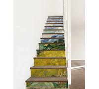 A.Monamour Adhésif Sticker Contremarche Escalier Champ De Blé Avec Des Cyprès Par Vincent Van Gogh Peinture À L'Huile Autocollants Stickers Carrelage Carreaux Escalier Lot de 13 Bandes (1m x 18 cm)