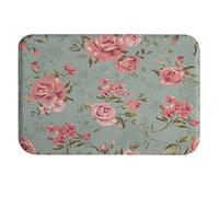 A.Monamour Antidérapant Absorbant Tapis de Bain Fleurs Roses Roses Vintage avec Fond Floral Vert Feuille Doux Flanelle Tapis pour WC Salle de Bain Baignoire Douche Cuisine Salon Chambre 40x60cm