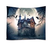 A.Monamour Corneille Chauve-Souris De Maison Hantée Voler Dans Le Ciel Noir Autour De La Lune Gothique Halloween Décors De Vacances Tapisserie Murale Tentures Murales Art Décors Couvre-Lit