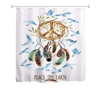 A.Monamour Dreamcatcher Ethnique Aquarelle avec des Plumes des Oiseaux Bleus Signe De Paix Paix sur La Terre Image Tissu Imperméable Rideau De Bain Polyester Rideau De Douche avec Crochets 150x180cm