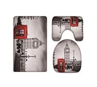 A.Monamour Ensembles De Tapis 3 Pcs Pour Salle De Bain Et Wc Cabine Téléphonique Rouge Londres Ville Big Ben Architecture Noir Et Blanc Flanelle Siège De Toilette Couvre Couvercle De Toilette Coussins