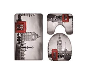 A.Monamour Ensembles De Tapis 3 Pcs Pour Salle De Bain Et Wc Cabine Téléphonique Rouge Londres Ville Big Ben Architecture Noir Et Blanc Flanelle Siège De Toilette Couvre Couvercle De Toilette Coussins