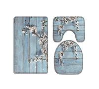 A.Monamour Ensembles De Tapis 3 Pcs Pour Salle De Bain Et Wc Fleurs Blanches Sur Des Planches De Bois Bleues Sol En Bois Flanelle Siège De Toilette Couvre Couvercle De La Toilette Couvre Tapis De Bain