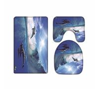 A.Monamour Ensembles De Tapis Bleu Océan Mer Nautique Thème Dauphin Surfer sur Les Vagues Bleu Ciel Flanelle Siège De Toilette Couvre-Toilettes Couvercle De La Couverture Coussins Tapis De Bain
