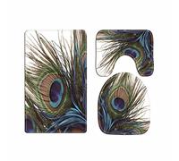 A.Monamour Ensembles De Tapis Fond Blanc Paon Queue Plumes avec des Yeux Oiseaux Impression Flanelle Siège De Toilette Couvre-Toilettes Couvercle De La Couverture des Coussins Tapis Tapis De Bain