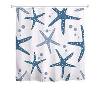 A.Monamour Fond Blanc Étoiles De Mer Bleues Coquillages Croquis Thème Marin Décor Art Imperméable Rideau De Douche en Tissu De Polyester pour Salle De Bain Baignoire Accessoires 165x180cm