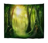 A.Monamour Forêt Enchantée Féerie De Conte De Fées Vert Maison Arbre avec Ensoleillement Lumineux d'art pour Enfants Tissu Hippie Mandala Tapisserie Murale pour Enfants Chambre Salon Dortoirs