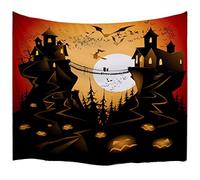 A.Monamour Hanté Deux Chateaux Ronde Lune Sorcière Équitation Cheval De Balle Chouette Corbeau Oiseaux dans Nuit Noire Potirons Art Mur Tapisserie Halloween Décorations Pendaison Tapisseries