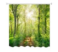 A.Monamour Rayons De Soleil Lumineux À Travers Les Hêtres Forêt Sentier Route Nature Paysage Imprimer Tissu Moulé Étanche À L'Eau Polyetser Non Pvc Rideau De Douche Pour Accessoires De Bain 180x180 cm