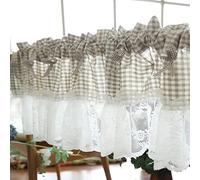 A.Monamour Rideau de Cuisine Court Petit Fenêtre Dentelle Florale Vichy Semi-Transparente À Carreaux Beige Nœuds Rideau Brise-bise Rideaux à Disques Cantonnières Demi Rideau Passe-Tringle Bistro Café