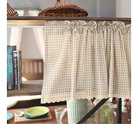 A.Monamour Rideau de Cuisine Court Petit Fenêtre Rural Opaque Coton Lin Carreaux Vichy Kaki avec Dentelle Rideau Brise-bise à Disques Cantonnières Demi Passe-Tringle Bistro Café