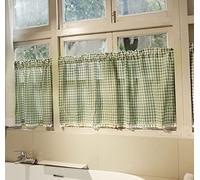 A.Monamour Rideau de Cuisine Court pour Petit Fenêtre à Carreaux Vichy en Coton Vert avec Pompon Rideau Brise-bise Rideaux à Disques Panneaux Cantonnières Demi Rideau Passe-Tringle pour Bistro Café