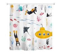 A.Monamour Rideau de Douche Anti Moisissure Imperméable Tissu Aquarelle Dessin Animé Marin Bateau Plongeur Poisson Corail Polyester Étanche Rideau pour Salle de Bain Baignoire avec Crochets 180x200cm