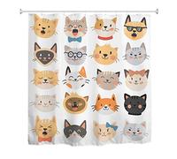 A.Monamour Rideau de Douche Anti Moisissure Imperméable Tissu Dessin Animé Mignon Chats Têtes Visages Animal Polyester Étanche Rideau pour Salle de Bain Baignoire avec Crochets 150x180cm