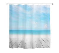 A.Monamour Rideau de Douche Anti Moisissure Imperméable Tissu Planches Bois Pont Ciel Bleu Plage De Sable Tropicale Océan Polyester Étanche Rideau pour Salle de Bain Baignoire avec Crochets 165x180cm