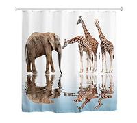 A.Monamour Rideau de Douche Anti Moisissure Imperméable Tissu Réflexion D'Éléphant Girafes dans l'eau Fond Blanc Animal Polyester Étanche Rideau pour Salle de Bain Baignoire avec Crochets 180x200cm