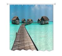 A.Monamour Rideaux de Douche Bleu Océan Plage Aux Maldives Pont en Bois Jetée À l'eau Nature Paysages Imprimer Moisissure Polyester Tissu Rideaux De Bain Rideaux De Douche 150X180 cm