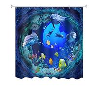 A.Monamour Rideaux de Douche Bleu Profond Océan sous-Marin Natation Dauphin Poissons Jaunes Corail Vie Marine Thème 3D Impression Polyester Tissu Rideau De Douche pour Salle De Bains 150X180 cm