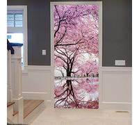 A.Monamour Sticker Porte Autocollant Poster de Porte 3D Arbre De Fleur De Cerisier Rose Japonais avec Reflet dans l'eau Vinyle Affiche de Porte Sticker Mural Papier Peint Art Décor 83x204cm