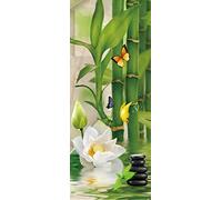 A.Monamour Sticker Porte Autocollant Poster De Porte 3D Bambou Vert Fleurs Blanches Papillon Noir Spa Pierres Sur L'Eau Zen Vinyle Affiche De Porte Sticker Mural Papier Peint Art Décor 77x200cm