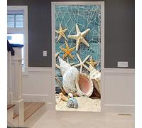 A.Monamour Sticker Porte Autocollant Poster de Porte 3D Bateau En Bois Bleu Filet De Pêche Marine Étoiles De Mer Et Coquillages Vinyle Affiche de Porte Sticker Mural Papier Peint Art Décor 83 x 204 cm