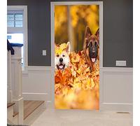A.Monamour Sticker Porte Autocollant Poster de Porte 3D Berger Allemand Deux Chiens En Orange Feuilles Mortes Forêt D'Automne Vinyle Affiche de Porte Sticker Mural Papier Peint Art Décor 83x204cm