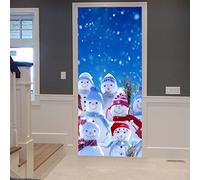 A.Monamour Sticker Porte Autocollant Poster De Porte 3D Bonhommes De Neige Famille Debout Dans Hiver Noël Paysage Bleu Fond Vinyle Affiche De Porte Sticker Mural Papier Peint Art Décor 90x200cm