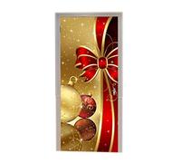 A.Monamour Sticker Porte Autocollant Poster de Porte 3D Boules De Noël Dorées Ruban Rouge Arcs Décoration De Vacances Vinyle Affiche de Porte Sticker Mural Papier Peint Art Décor 77 x 200 cm