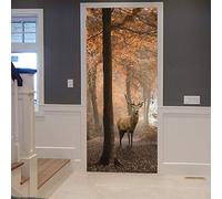 A.Monamour Sticker Porte Autocollant Poster de Porte 3D Cerf en Forêt d'automne Brumeux Rouge Arbres Colorés Nature Paysages Vinyle Affiche de Porte Sticker Mural Papier Peint Art Décor 77 x 200 cm